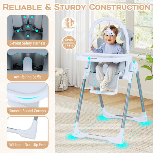 Foldable Baby High Chair with Adjustable Height and Relining Seat-Light Gray