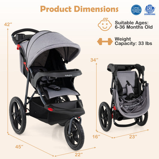Foldable Jogging Stroller with Detachable Tray and Air-Filled Rubber Tires-Gray
