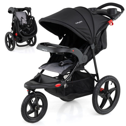 Foldable Jogging Stroller with Detachable Tray and Air-Filled Rubber Tires-Black
