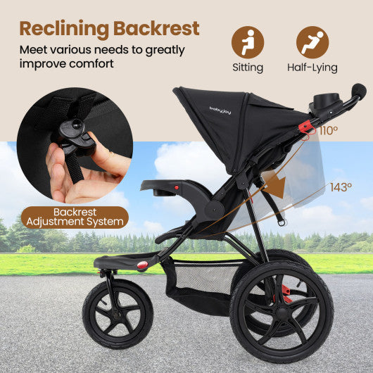 Foldable Jogging Stroller with Detachable Tray and Air-Filled Rubber Tires-Black