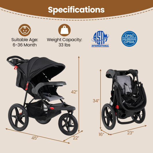 Foldable Jogging Stroller with Detachable Tray and Air-Filled Rubber Tires-Black