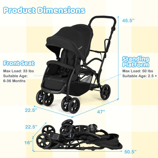Foldable Twin Tandem Stroller Sit and Stand Double Stroller with Adjustable Handle Bar-Black