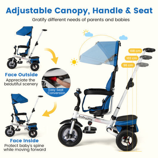 Folding Tricycle Baby Stroller with Reversible Seat and Adjustable Canopy-Blue