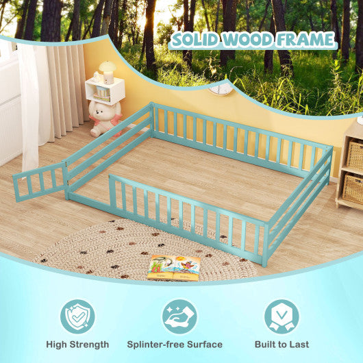 Full Size Floor Bed with Full Length Safety Guardrails-Dark Green