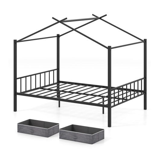 Full Size Metal House Bed with 2 Fabric Drawers for Kids-Black