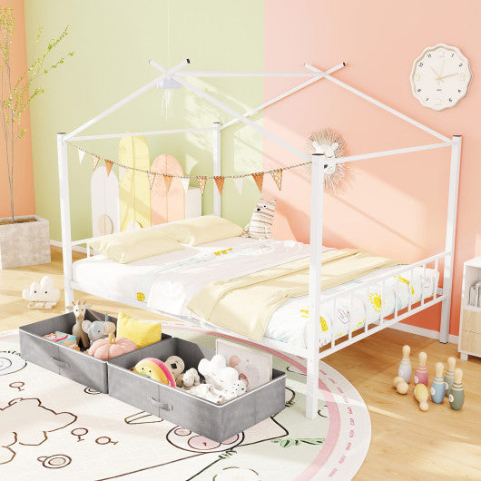 Full Size Metal House Bed with 2 Fabric Drawers for Kids-White