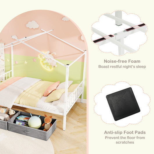 Full Size Metal House Bed with 2 Fabric Drawers for Kids-White