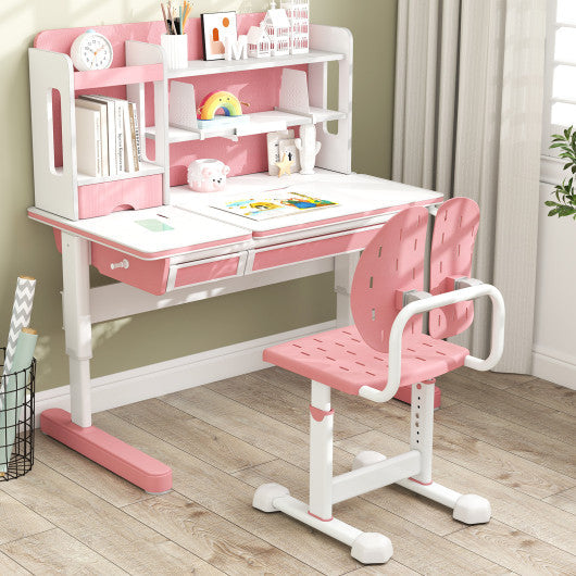 Height-adjustable Kid's Study Chair with Double Back Support and Breathable Seat for 3+ Years Old-Pink