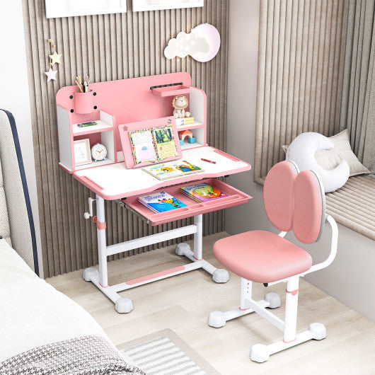 Kid's Study Desk and with Tilt Desktop and Pen Holder-Pink