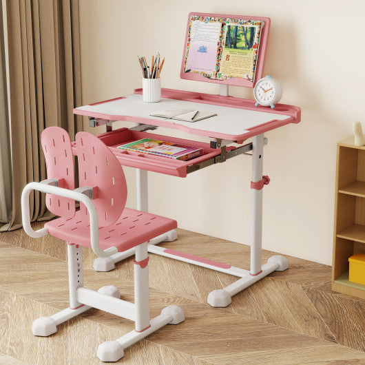 Kid's Study Desk and Chair Set with Tilt Desktop and Book Stand-Pink
