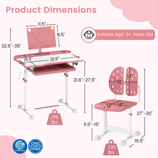 Kid's Study Desk and Chair Set with Tilt Desktop and Book Stand-Pink