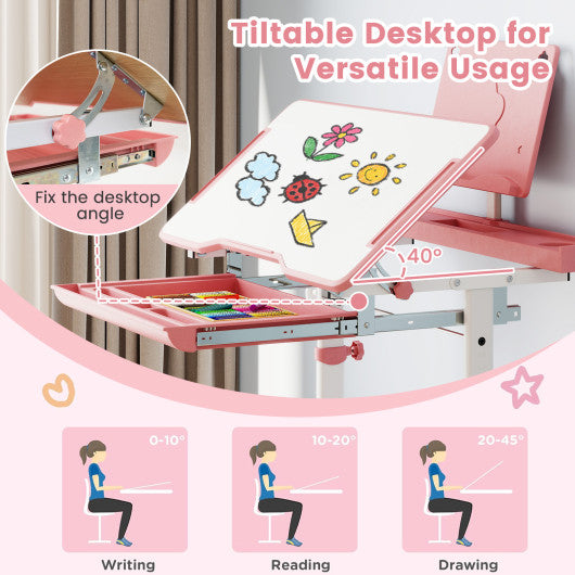 Kid's Study Desk and Chair Set with Tilt Desktop and Book Stand-Pink