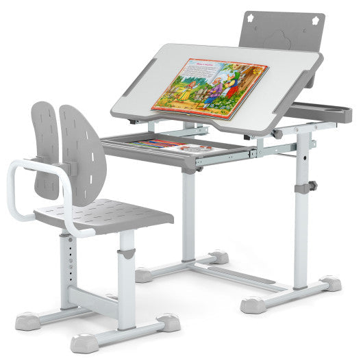 Kid's Study Desk and Chair Set with Tilt Desktop and Book Stand-Gray