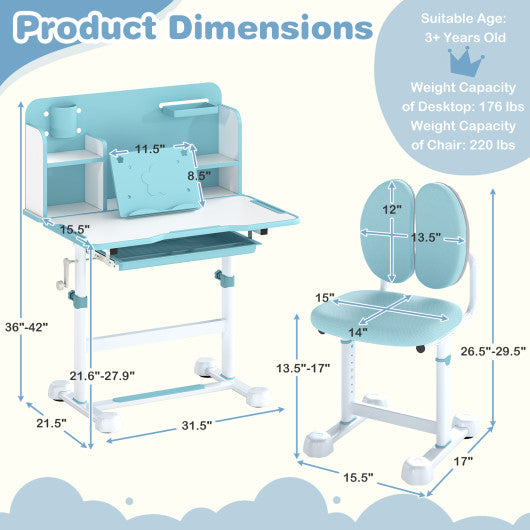 Kid's Study Desk and with Tilt Desktop and Pen Holder-Blue