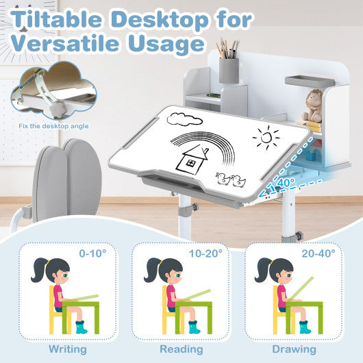 Kid's Study Desk and with Tilt Desktop and Pen Holder-Gray
