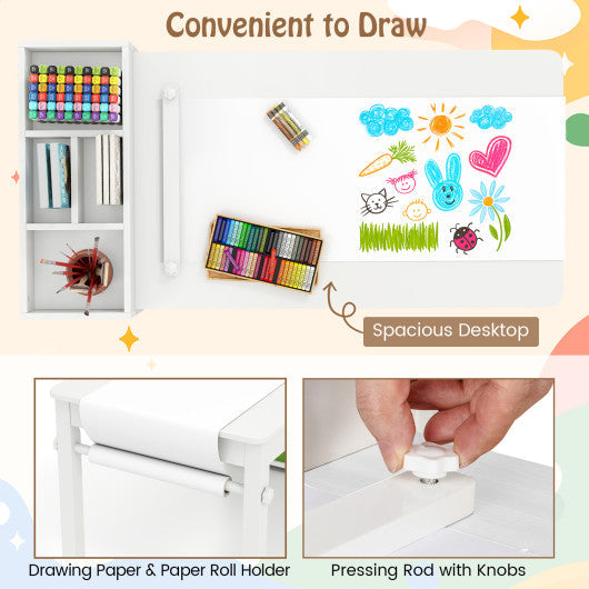 Kids Art Table and Chairs Set with 2 Chairs and Paper Roll-White
