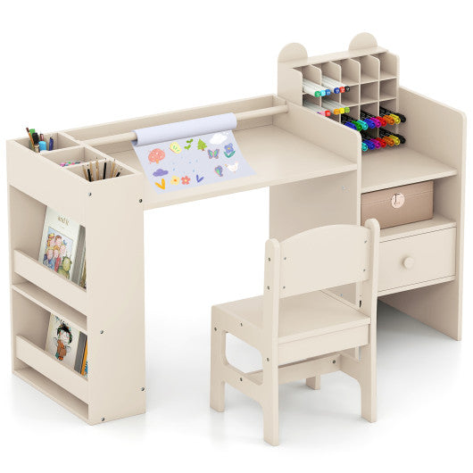Kids Art Table and Chair Set with Detachable Paper Roll Holder and Cabinet-Natural