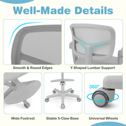 Kids Desk Chair Children Study Chair with Adjustable Height Armrest and Footrest-Grey