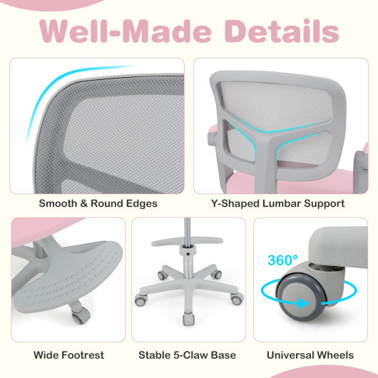 Kids Desk Chair Children Study Chair with Adjustable Height Armrest and Footrest-Pink