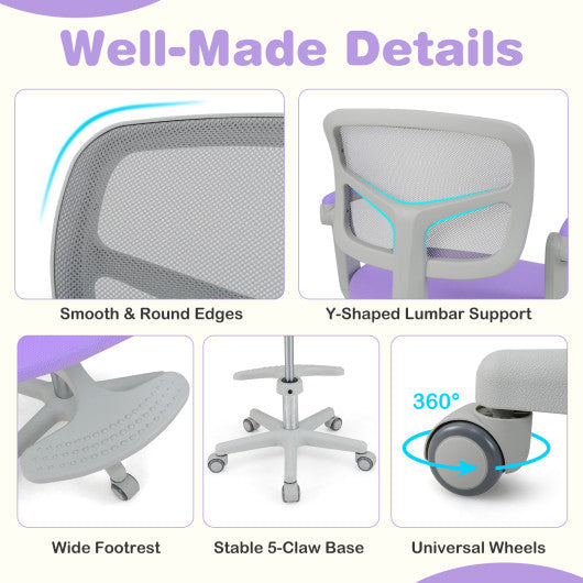 Kids Desk Chair Children Study Chair with Adjustable Height Armrest and Footrest-Purple