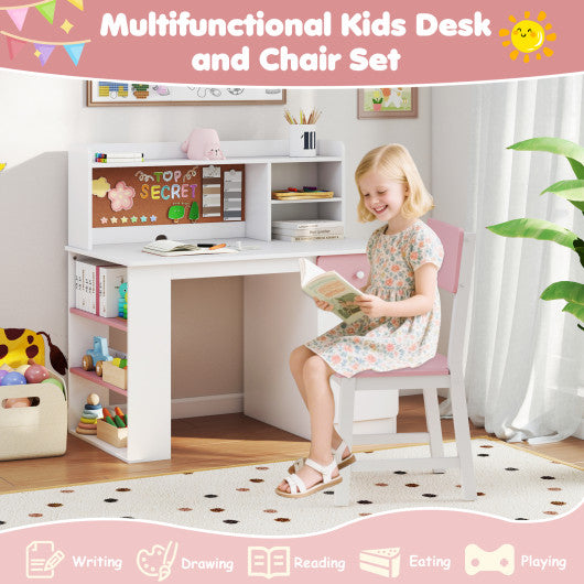 Kids Desk and Chair Set with Hutch and 3-Layer Side Shelf-Pink