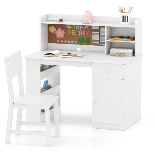 Kids Desk and Chair Set with Hutch and 3-Layer Side Shelf-White