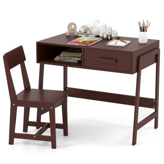 Kids Desk and Chair Set with Storage Drawer and Hutch-Brown