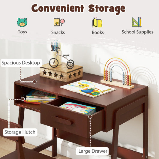 Kids Desk and Chair Set with Storage Drawer and Hutch-Brown