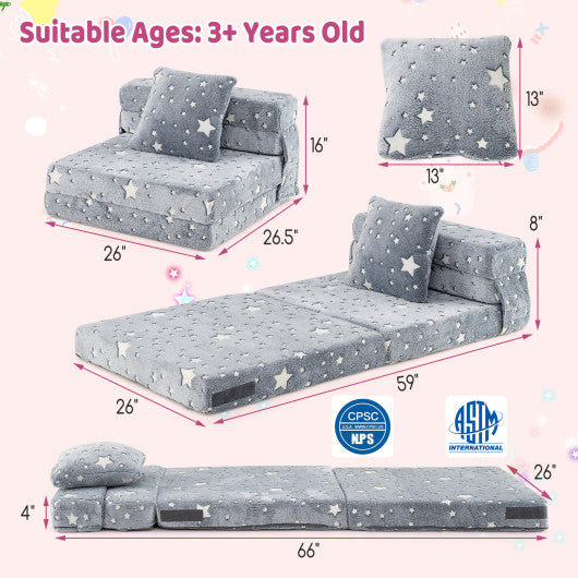 Kids Folding Sofa Bed Floor Mattress Glow in the Dark with Pillow-Gray