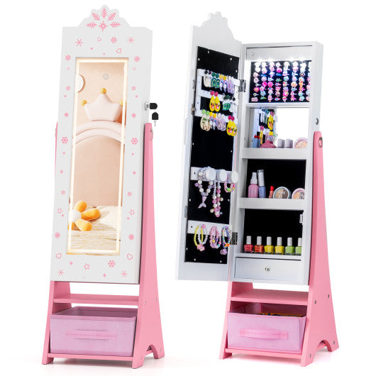 Kids Jewelry Armoire Freestanding Jewelry Cabinet with 3-Color Lighted Full Length Mirror-White