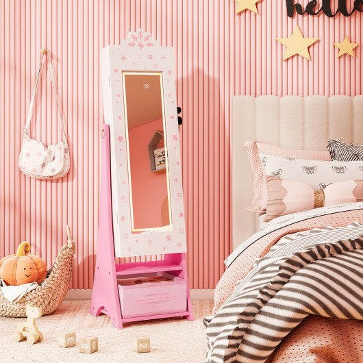 Kids Jewelry Armoire Freestanding Jewelry Cabinet with 3-Color Lighted Full Length Mirror-White