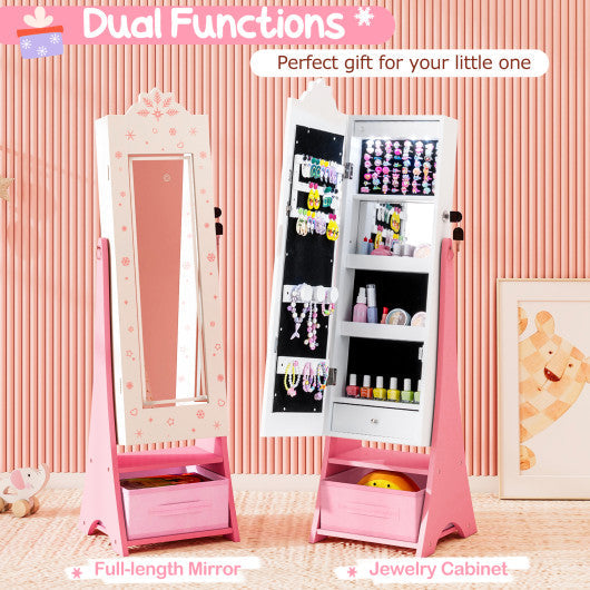 Kids Jewelry Armoire Freestanding Jewelry Cabinet with 3-Color Lighted Full Length Mirror-White