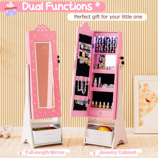 Kids Jewelry Armoire Freestanding Jewelry Cabinet with 3-Color Lighted Full Length Mirror-Pink