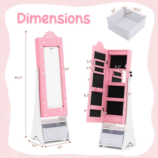 Kids Jewelry Armoire Freestanding Jewelry Cabinet with 3-Color Lighted Full Length Mirror-Pink