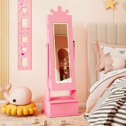 Kids Jewelry Armoire with 3-Color Lighted Full Length Mirror and Inside Led Lights-Pink
