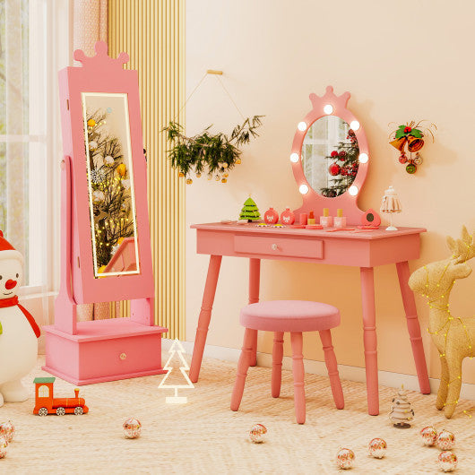 Kids Jewelry Armoire with 3-Color Lighted Full Length Mirror and Inside Led Lights-Pink