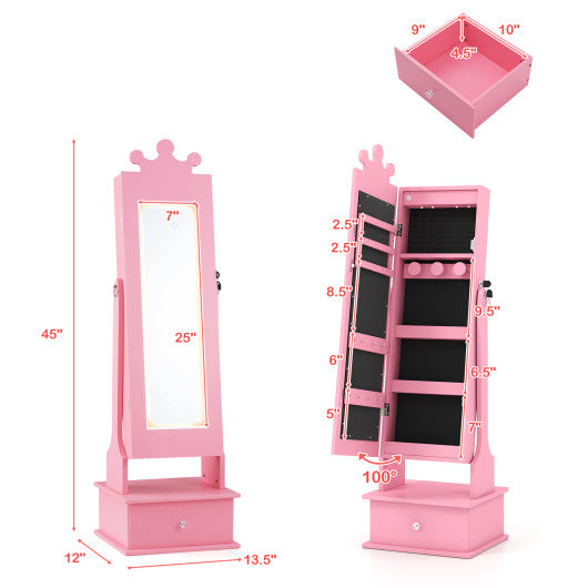 Kids Jewelry Armoire with 3-Color Lighted Full Length Mirror and Inside Led Lights-Pink