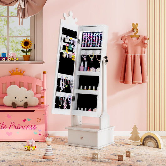 Kids Jewelry Armoire with 3-Color Lighted Full Length Mirror and Inside Led Lights-White