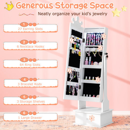 Kids Jewelry Armoire with 3-Color Lighted Full Length Mirror and Inside Led Lights-White