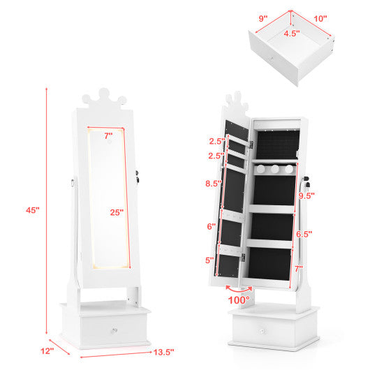 Kids Jewelry Armoire with 3-Color Lighted Full Length Mirror and Inside Led Lights-White