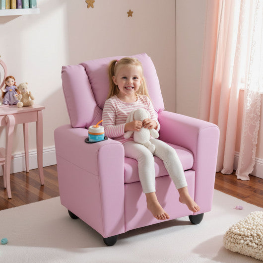 Kids Recliner Chair Push Back Toddler Reclining Armchair with Cup Holder-Pink