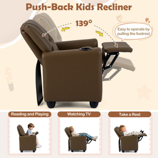 Kids Recliner Chair Push Back Toddler Reclining Armchair with Cup Holder-Brown