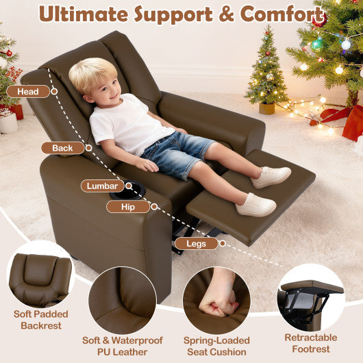 Kids Recliner Chair Push Back Toddler Reclining Armchair with Cup Holder-Brown