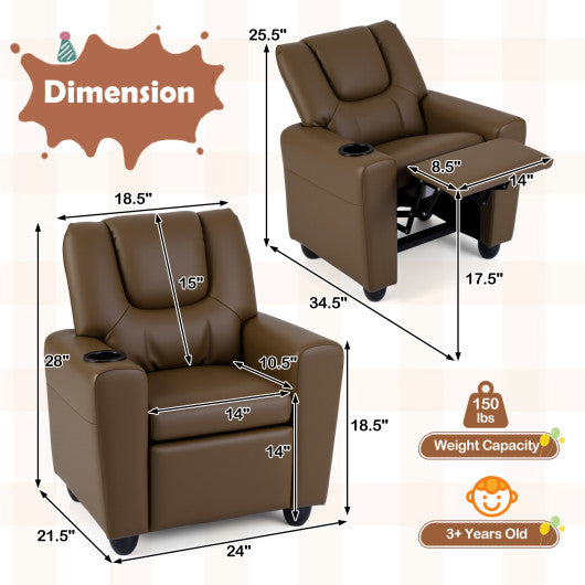 Kids Recliner Chair Push Back Toddler Reclining Armchair with Cup Holder-Brown