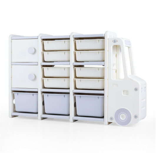 Kids Toy Storage Organizer Truck-shaped Toy Chest with 2 Cabinets and 11 Removable Bins-Grey