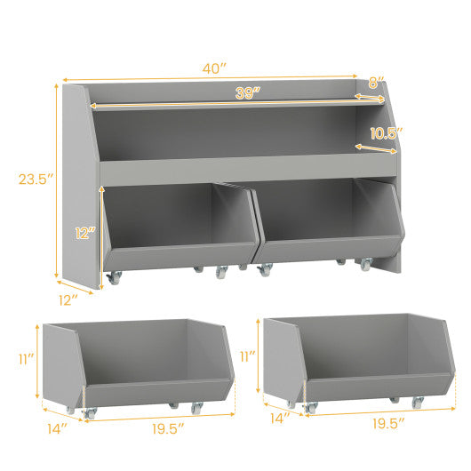 Kids Toy Storage Organizer Wooden Bookcase with 2 Movable Drawers-Gray