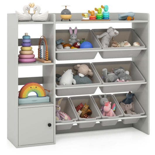 Kids Toy Storage and Bookshelf with Open Shelves and Single-door Cabinet-Gray