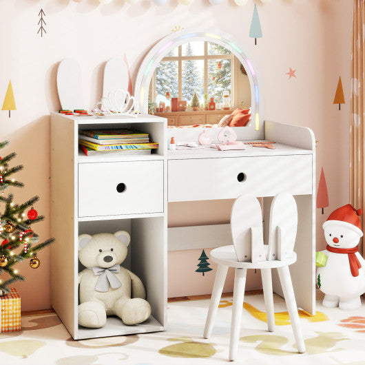 Kids Vanity Desk and Chair Set with Lights  Open Shelves-White