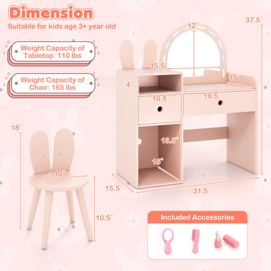Kids Vanity Desk and Chair Set with Lights  Open Shelves-Pink