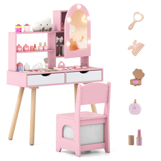 Kids Vanity Set Pretend Play Dressing Table Set with 3-Color Lighting Modes Adjustable Brightness and Mirror Cabinet-Pink